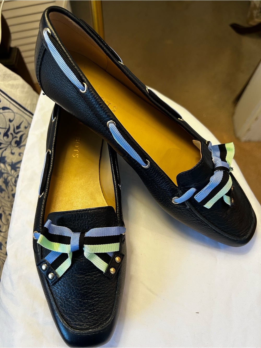 NWT Talbots “Becca” Indigo Blue Leather Loafers Grossgrain Blue & Green Ribbon